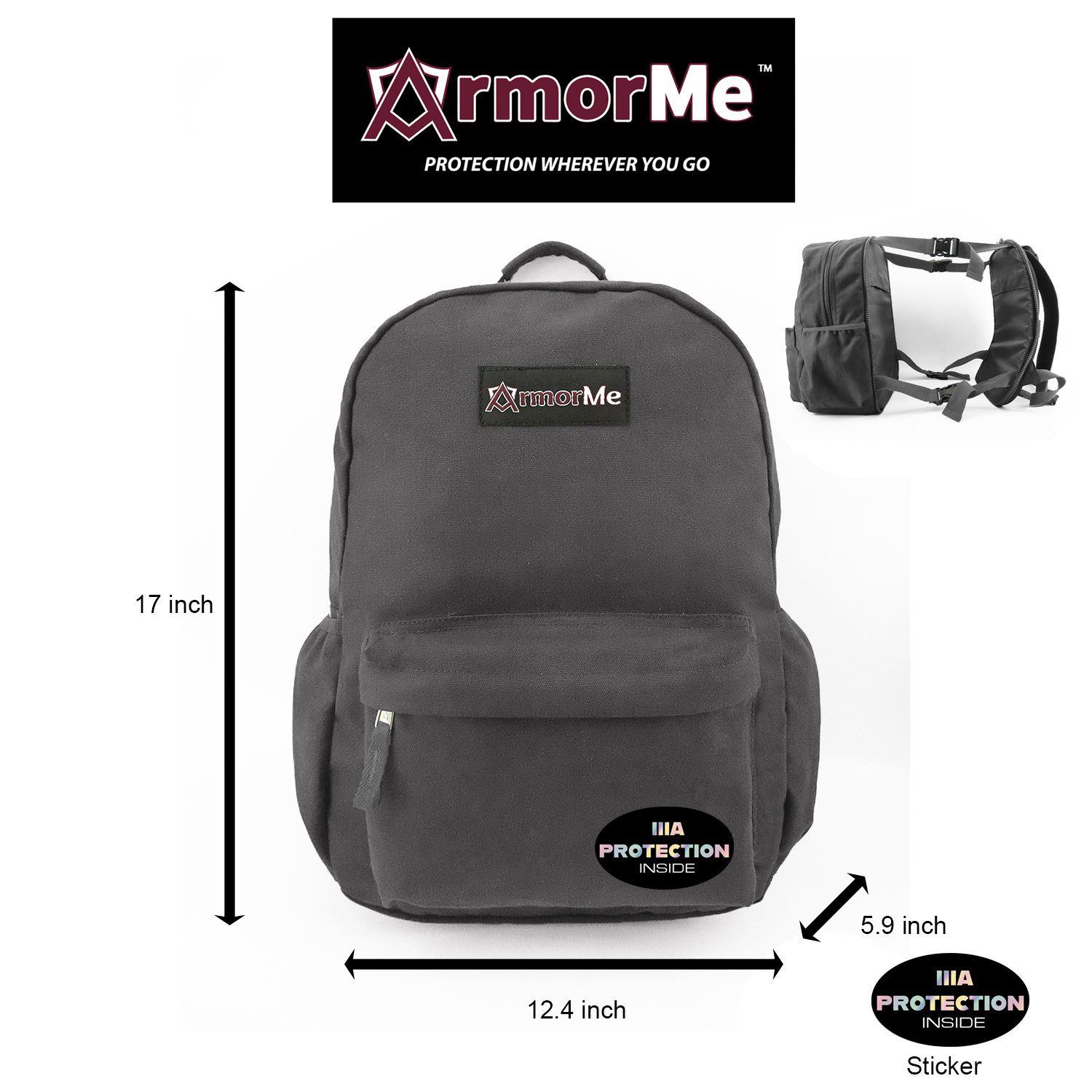 ArmorMe Double Bulletresistant Panels Backpack grey front side Bulletstoppers.eu